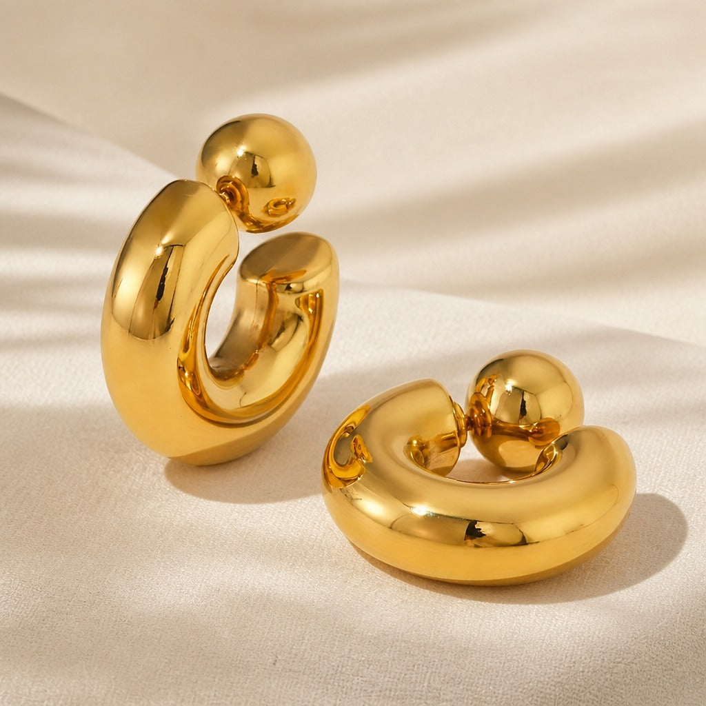 Baroque Curve Gold Hoop Earrings with Ball Post — view 2