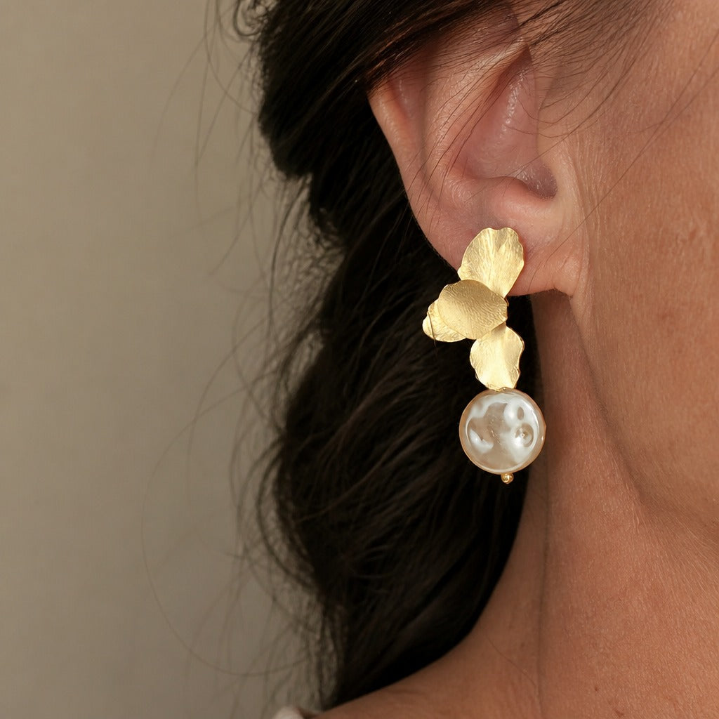 Floral Pearl Drop Earrings with Textured Gold-Tone Petals — main image
