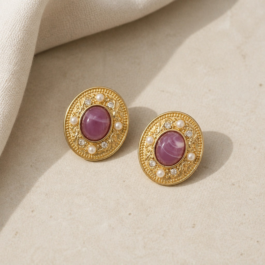 Circular Cabochon Stud Earrings with Vintage Rhinestone Halo — main image