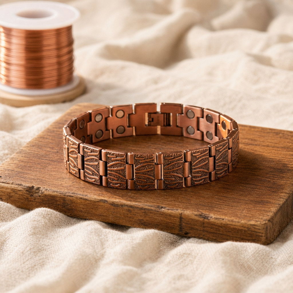 Copper Link Bracelet with Textured Etched Design, Hand-Shaped Pure Copper Jewelry — main image