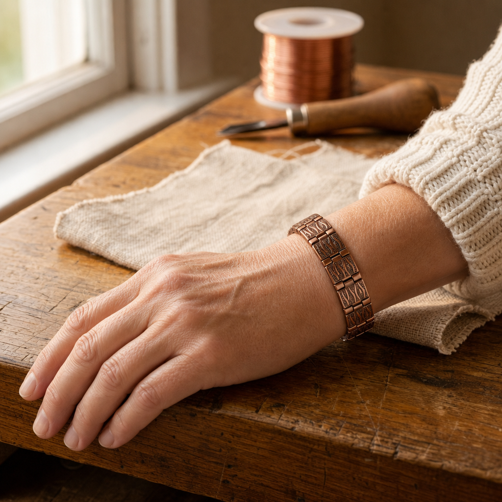 Copper Link Bracelet with Textured Etched Design, Hand-Shaped Pure Copper Jewelry — view 2