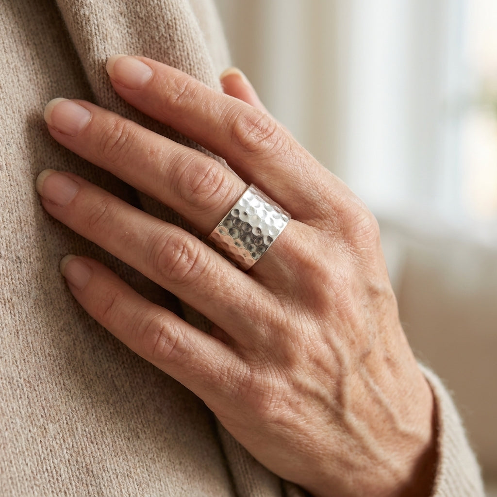 hammered sterling silver cigar band ring asr1439 — lifestyle