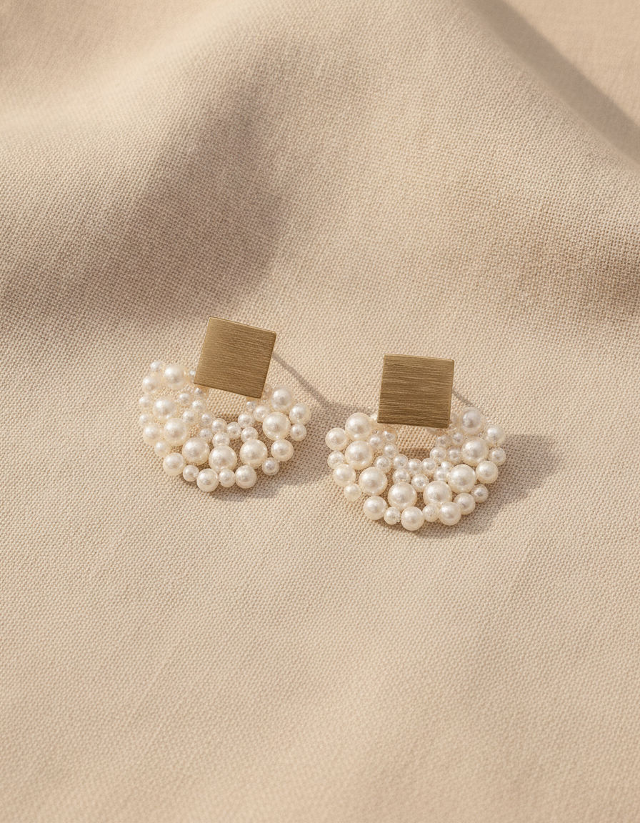 handmade pearl woven scalloped pearl stud earrings - AI-generated studio image