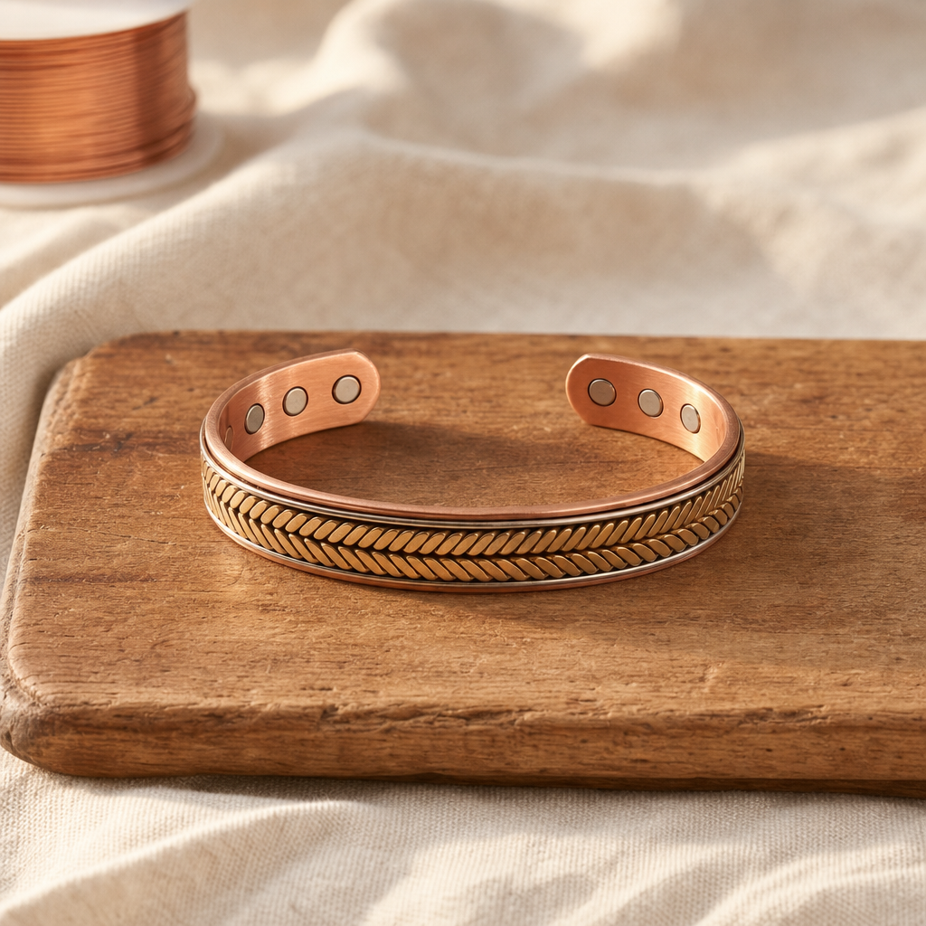Copper Cuff Bracelet with Herringbone Texture and Magnetic Dots — Hand-Shaped Wellness Bracelet — main image