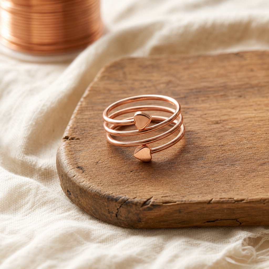 Copper Spiral Wrap Ring with Heart Charms, 99.9% Pure Copper, Adjustable Size — main image