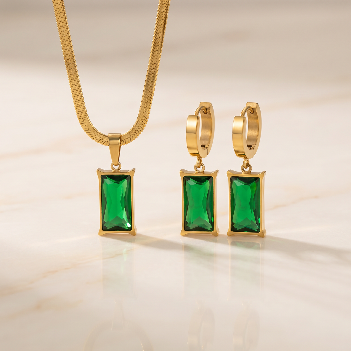 Emerald-Green Rectangular Stone Jewelry Set with Snake Chain Necklace & Hoop Earrings — main image