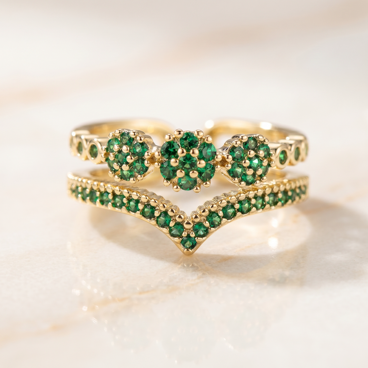 Wave-Shaped Emerald Cluster Ring with Gold-Tone Band — main image