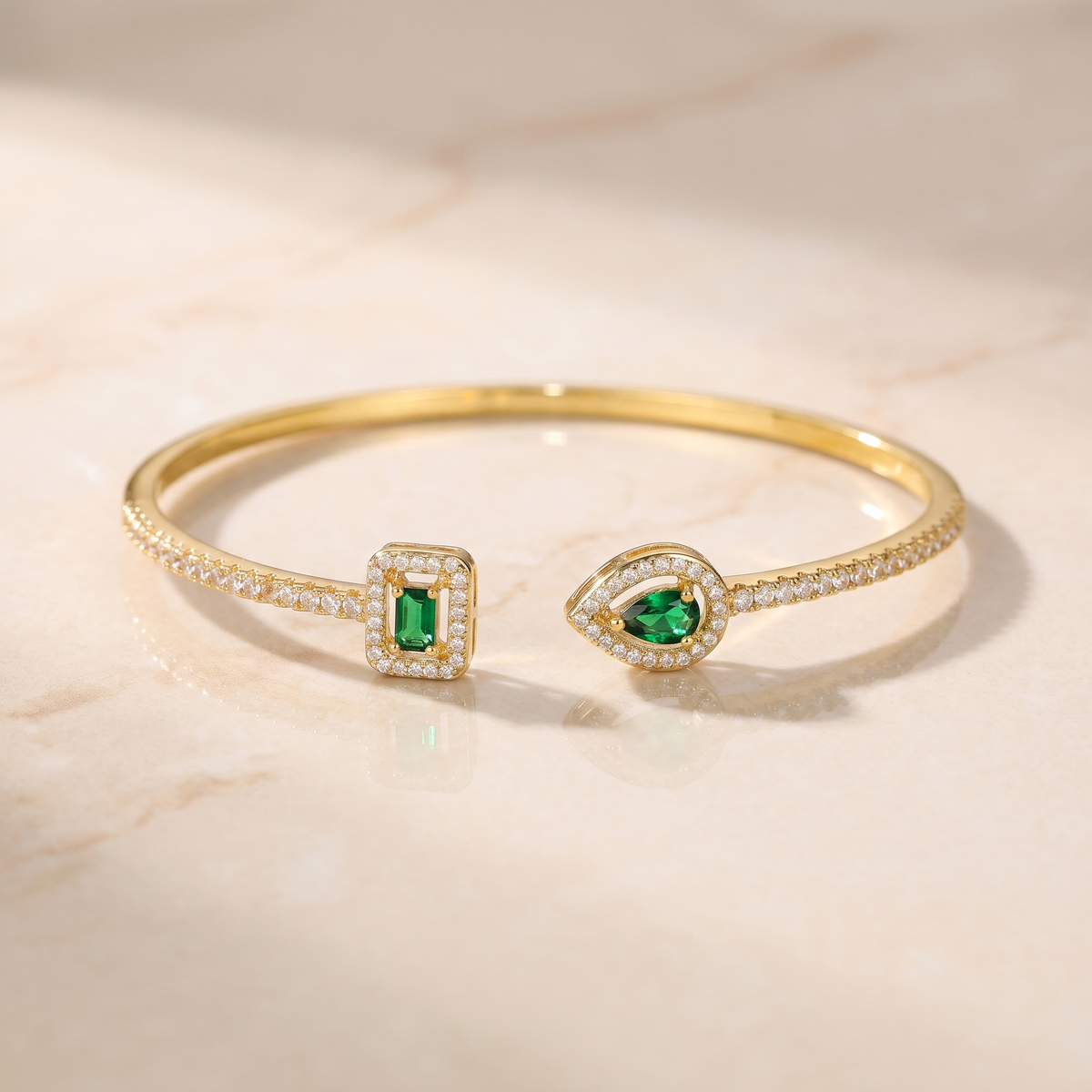 Dual Emerald Open Cuff Bracelet with Pavé Crystal Halo in Gold Tone — main image