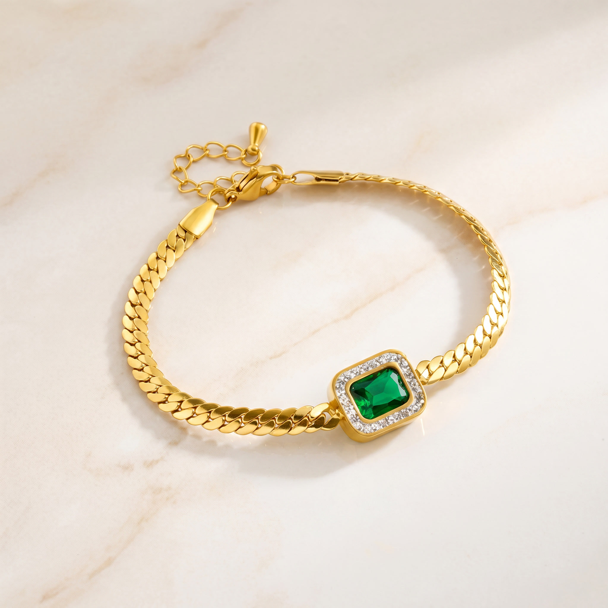 Square Emerald Pendant Bracelet with Crystal Halo, Gold-Tone Curb Chain — main image