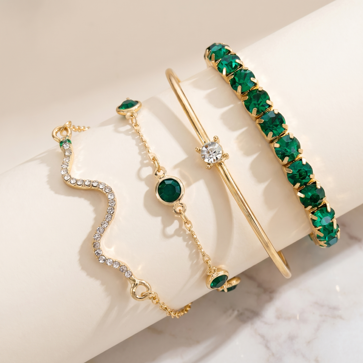 Green Stone Bracelet Set with Gold-Tone Chain, Cuff and Pendant Designs — main image