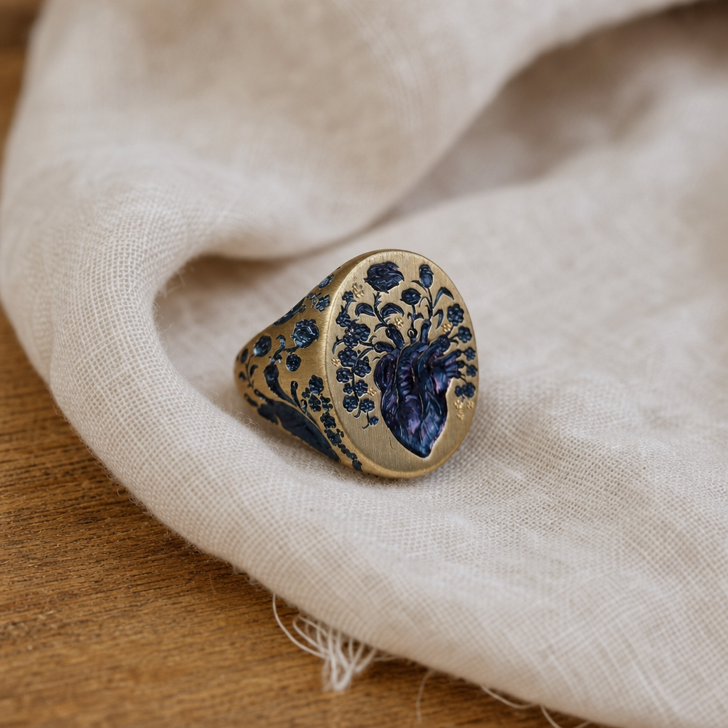 Heart-Shaped Blue Enamel Statement Ring with Floral Detail