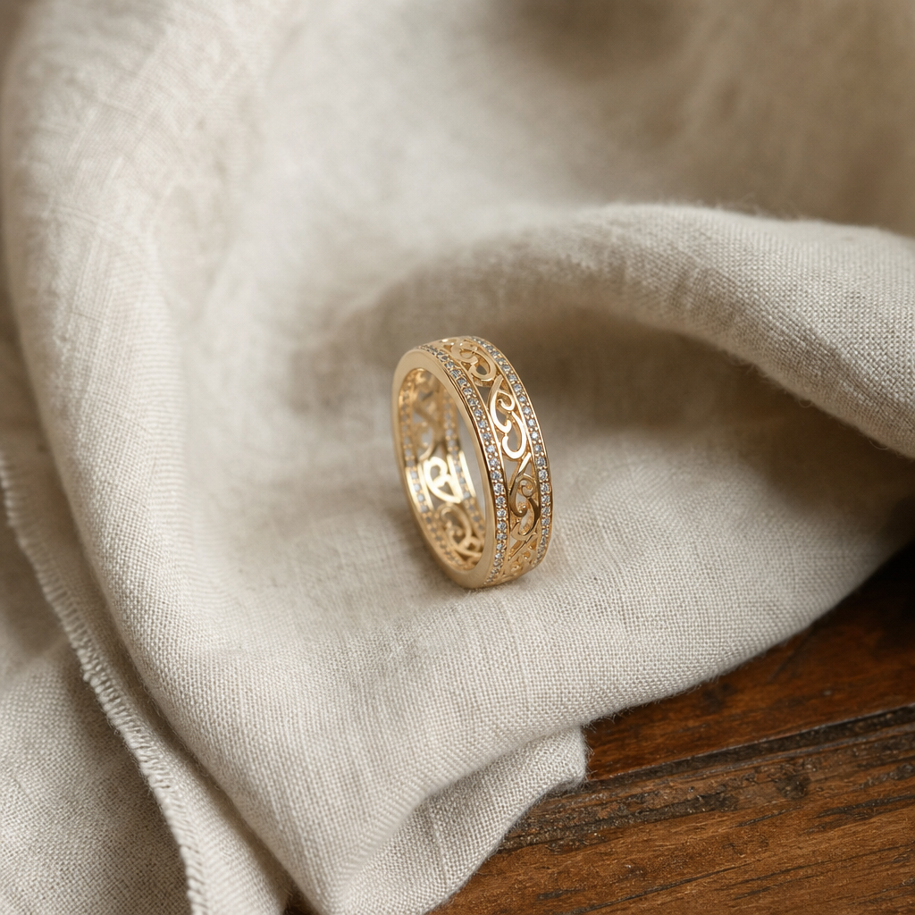 Filigree Scroll Gold Ring with Stone-Set Edges