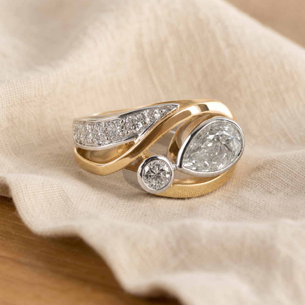 Pear-Shaped Diamond Ring with Round Accent Stone in Two-Tone Setting