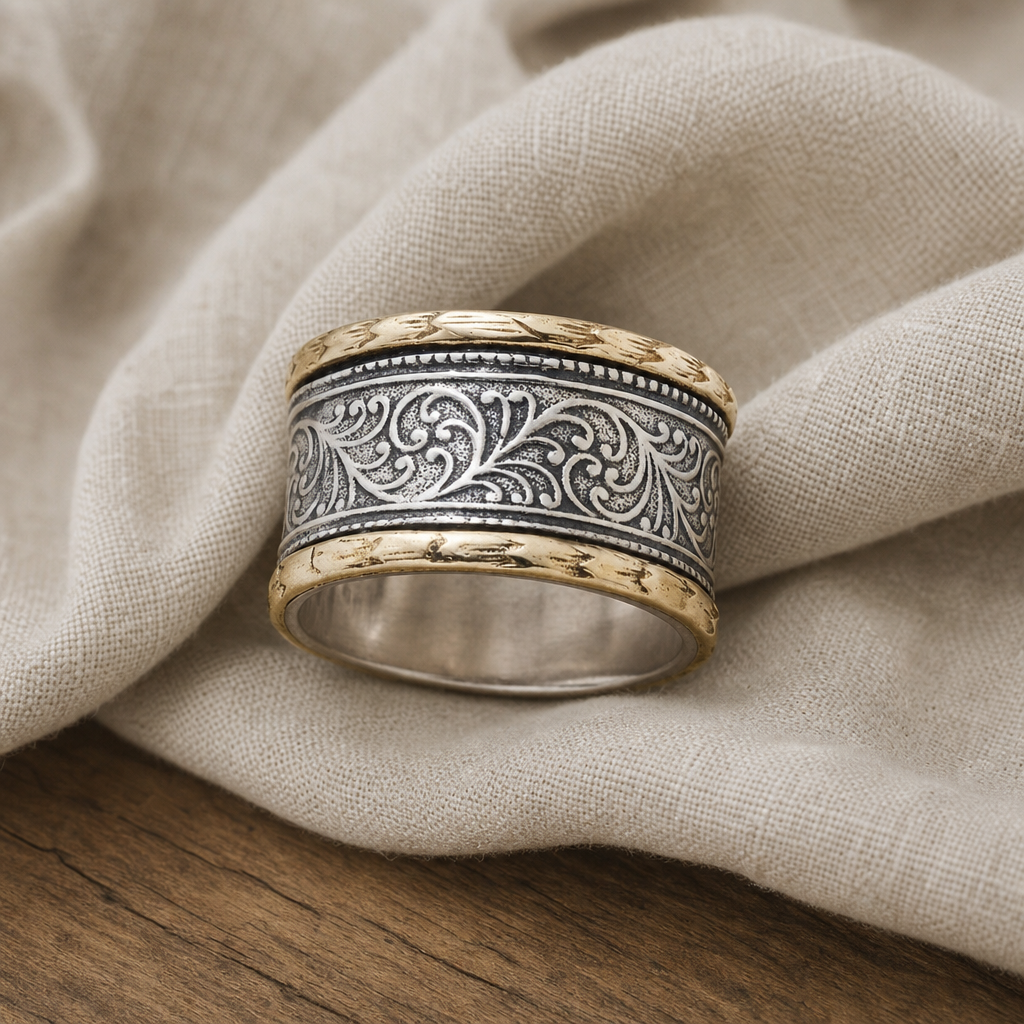 Floral Engraved Two-Tone Wide Band Ring with Oxidized Center