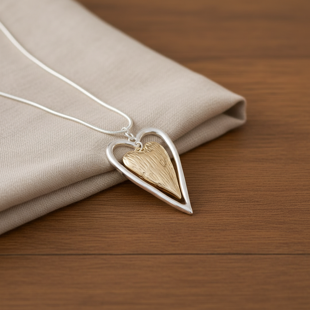 Two-Tone Heart Pendant Necklace with Silver Frame and Gold Accent