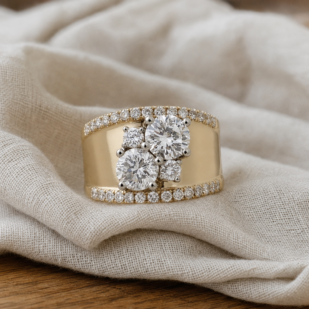 Double Zirconia Cocktail Ring with Wide Pavé Band