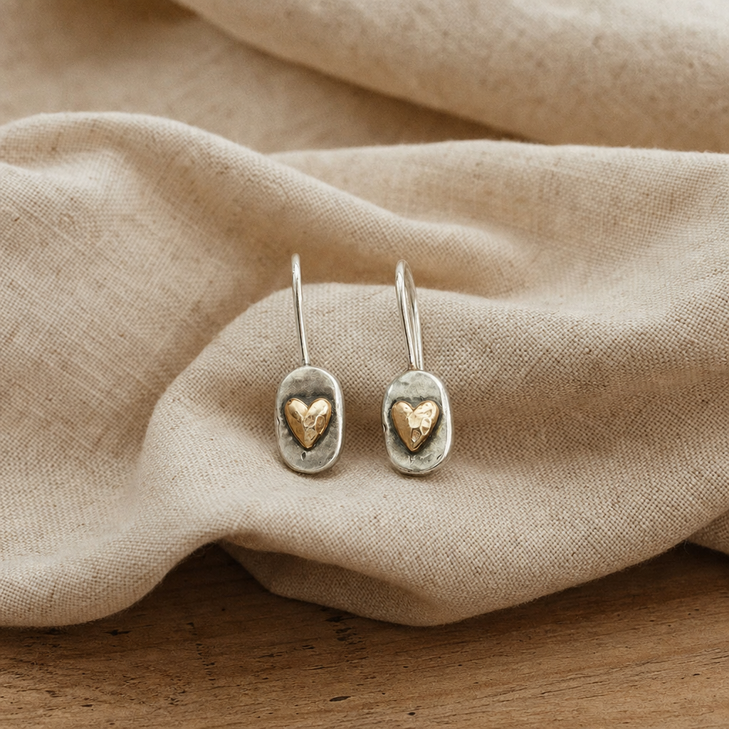 Heart Charm Drop Earrings in Silver and Gold Tone