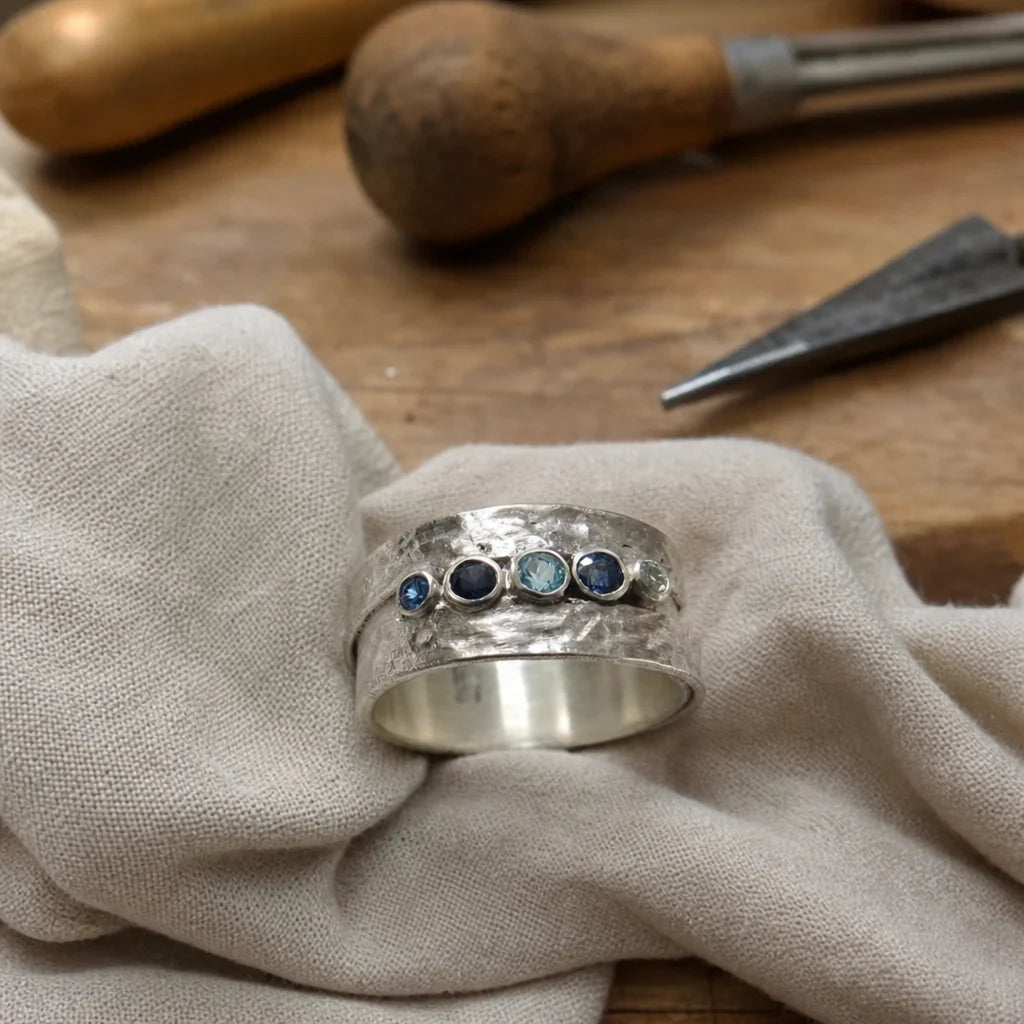 Silver-Tone Hammered Ring with Four Blue Inlaid Gemstones, Bezel-Set Statement Ring