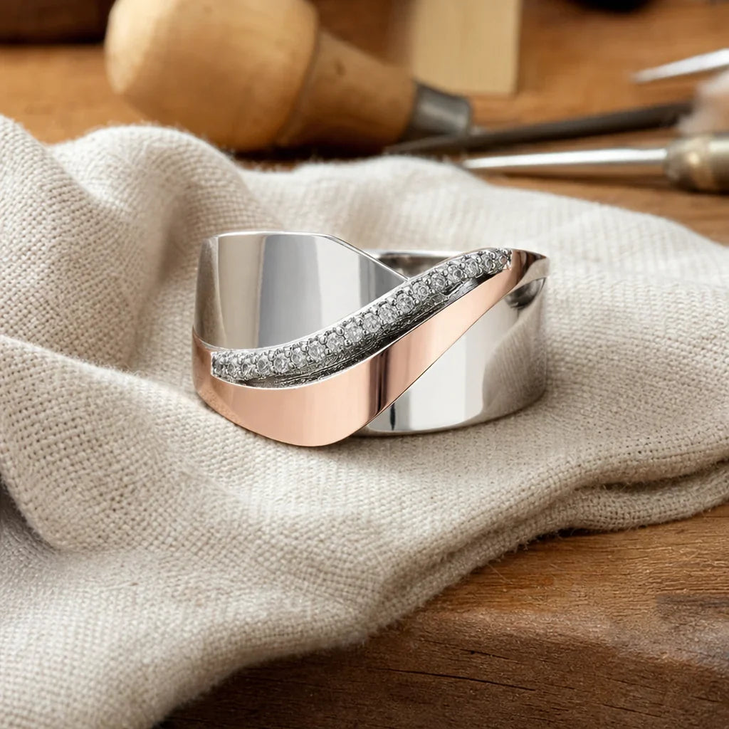Two-Tone Cubic Zirconia Ring with Curved Rose Gold and Silver Band