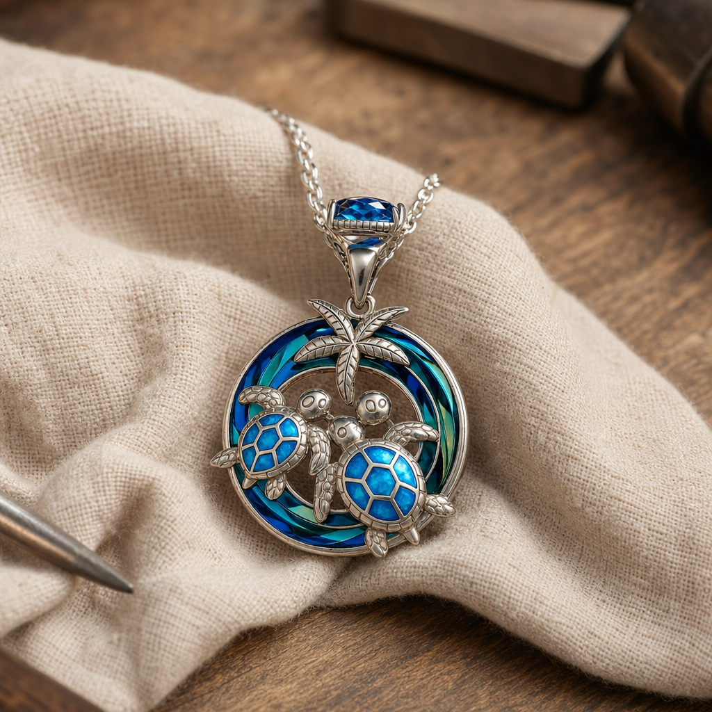 Silver-Tone Circular Pendant Necklace with Two Turtles, Cross Accent, Blue Enamel Inlay & Twisted Rope Chain