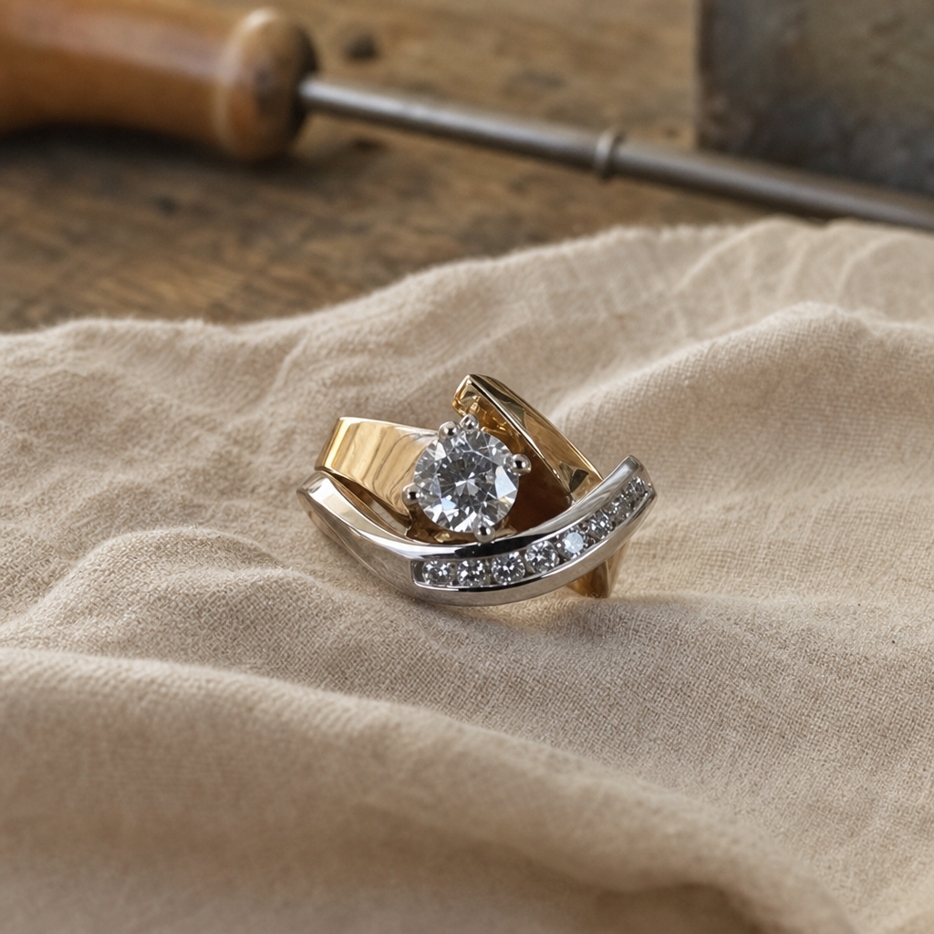Irregular Two-Tone Gold & Silver Cocktail Ring, Geometric Solitaire Statement Ring, Sizes 5-12