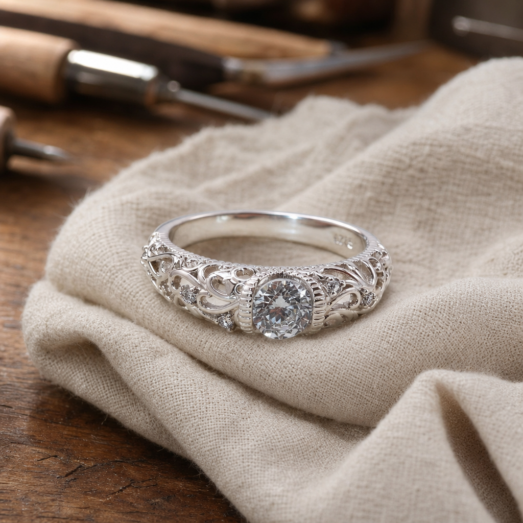 Filigree Cubic Zirconia Ring with Scrollwork Band