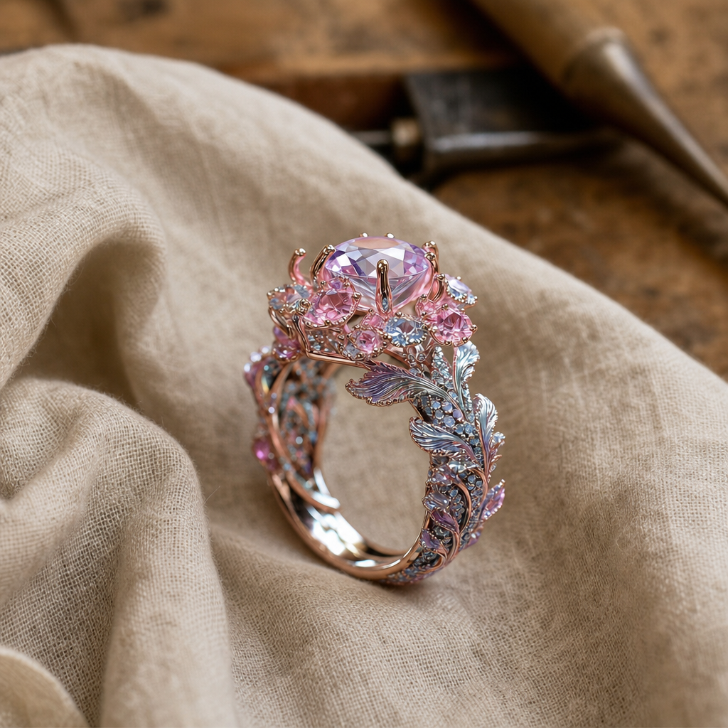 Floral Pink Crystal Cocktail Ring with Rose Gold-Tone Filigree Band