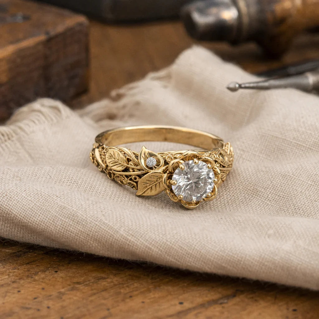 Gold-Tone Leaf Filigree Cubic Zirconia Ring - Stackable Statement Ring for Women, Sizes 5-11