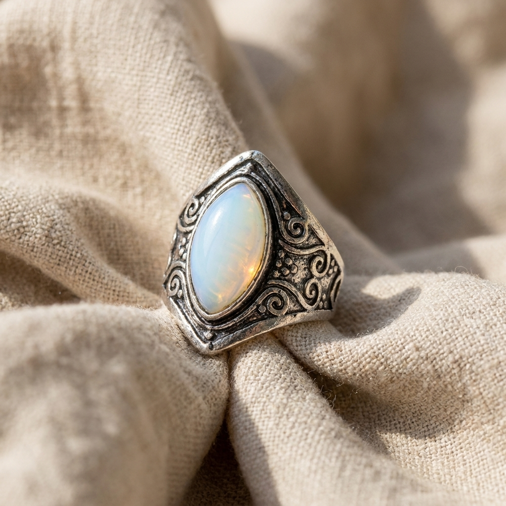 Moonstone-Look Ring and Necklace Set - Silver-Tone Teardrop Ring and Floral Halo Pendant - 2 Pieces