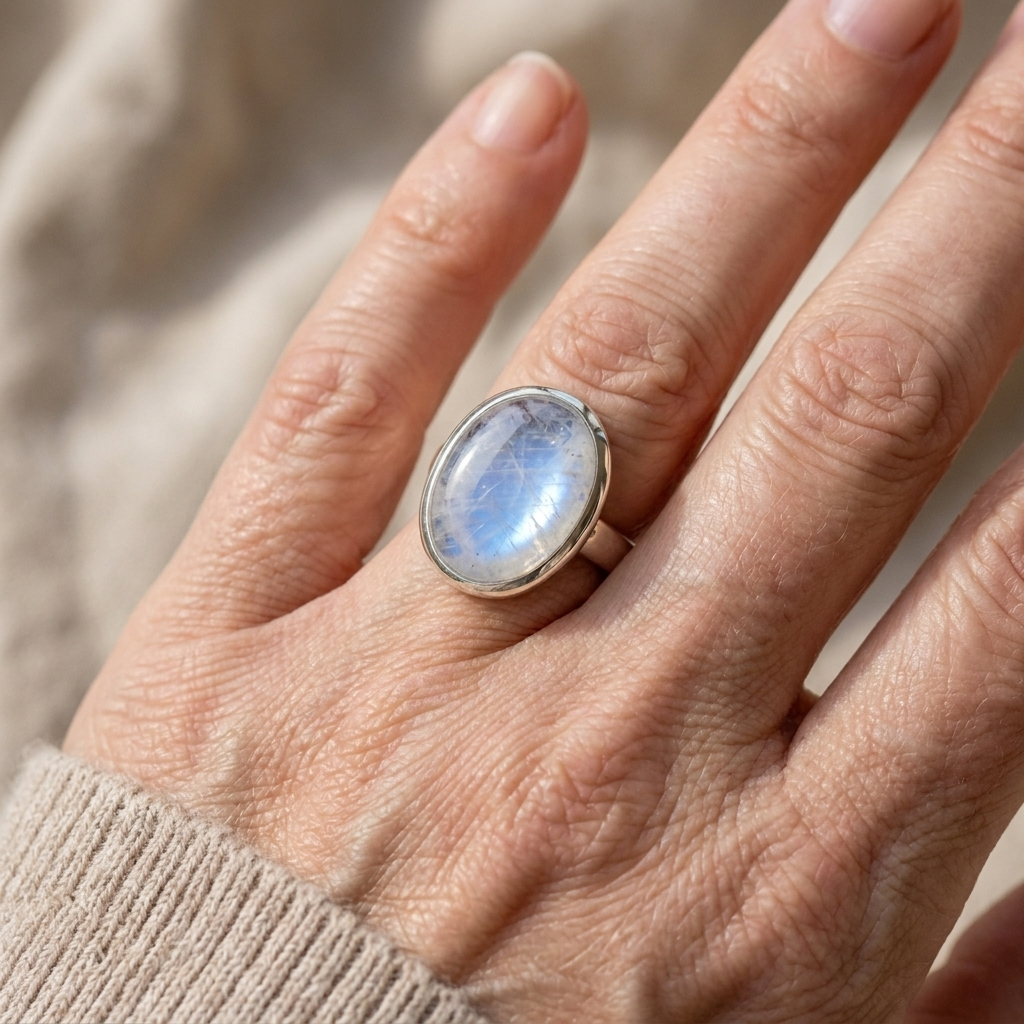 Vintage Silver-Toned Oval Moonstone Ring