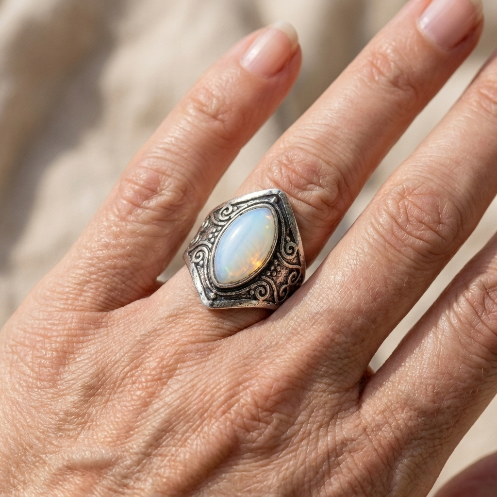 Moonstone-Look Ring and Necklace Set - Silver-Tone Teardrop Ring and Floral Halo Pendant - 2 Pieces