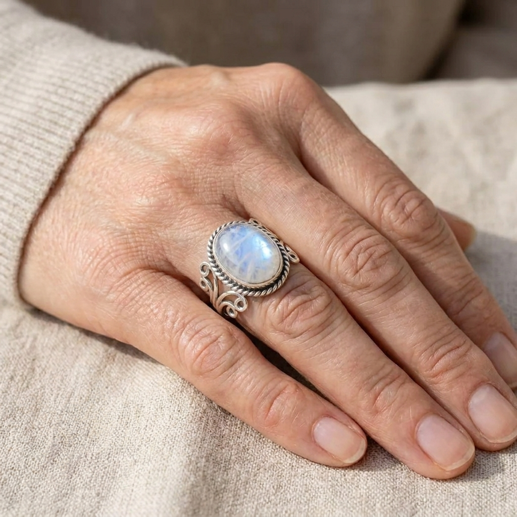Moonstone-Look Jewelry Set - Silver-Tone Oval Ring, Teardrop Necklace and Moon Phase Bracelet - 3 Pieces