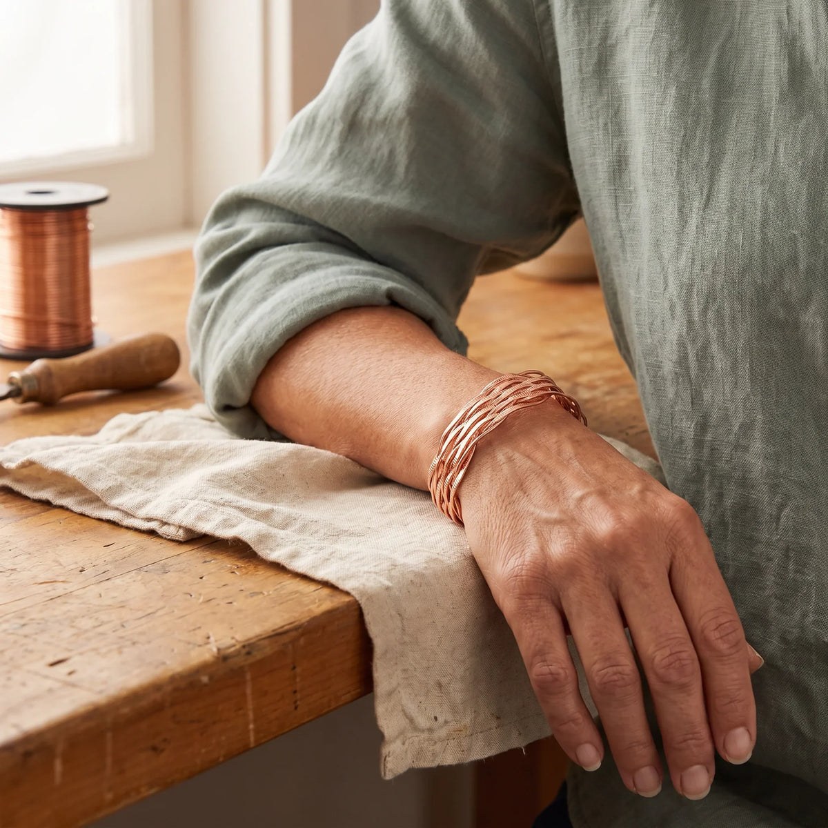 Copper Cuff Bracelet, Pure Copper, Woven Wire Design — Adjustable Open Cuff — view 2