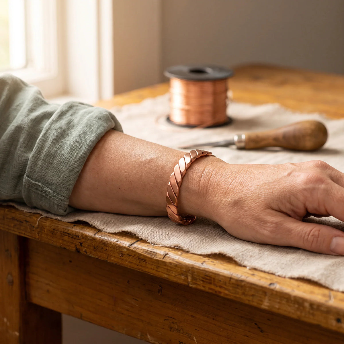 Copper Cuff Bracelet, 99.9% Pure Copper, Twisted Ribbed Design — Adjustable Open Cuff — view 2