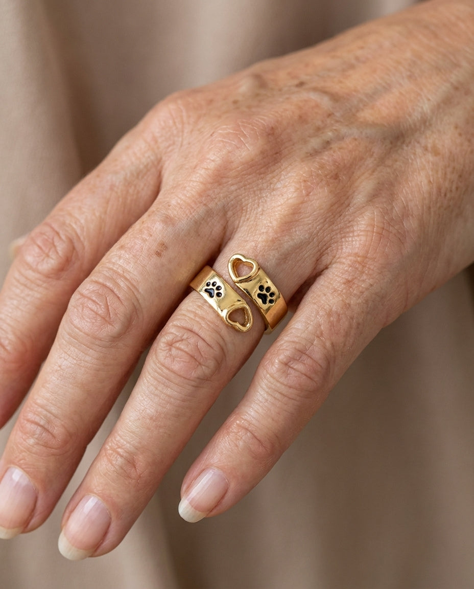 Estelle & Ruby Paw Print Heart Wrap Ring Set – 2-Piece Adjustable Dog Claw Rings, Gold-Tone Alloy (AI-generated lifestyle image)