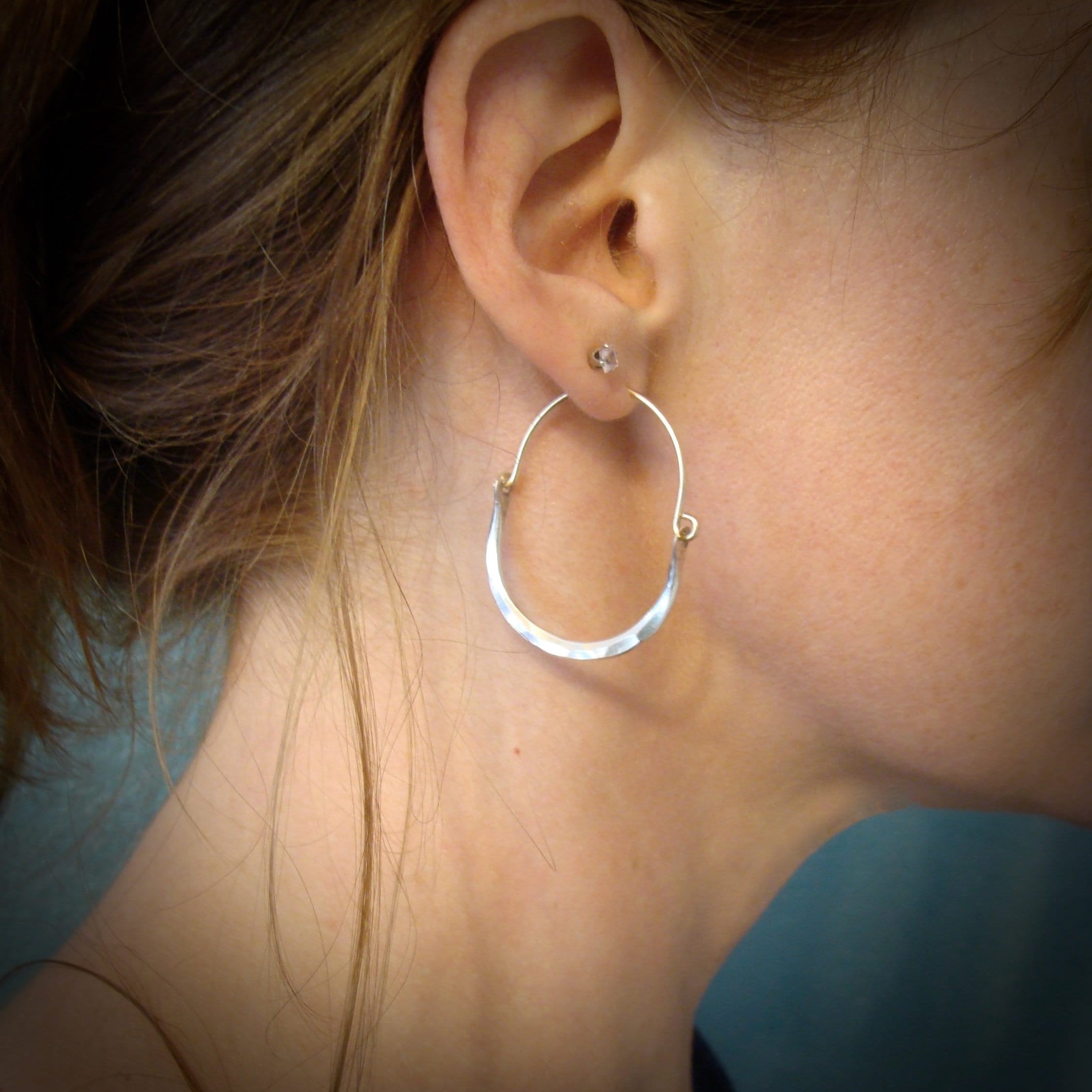 Hammered Sterling Silver & 14k Gold-Filled Hoop Earrings, Mixed-Metal Curved Design