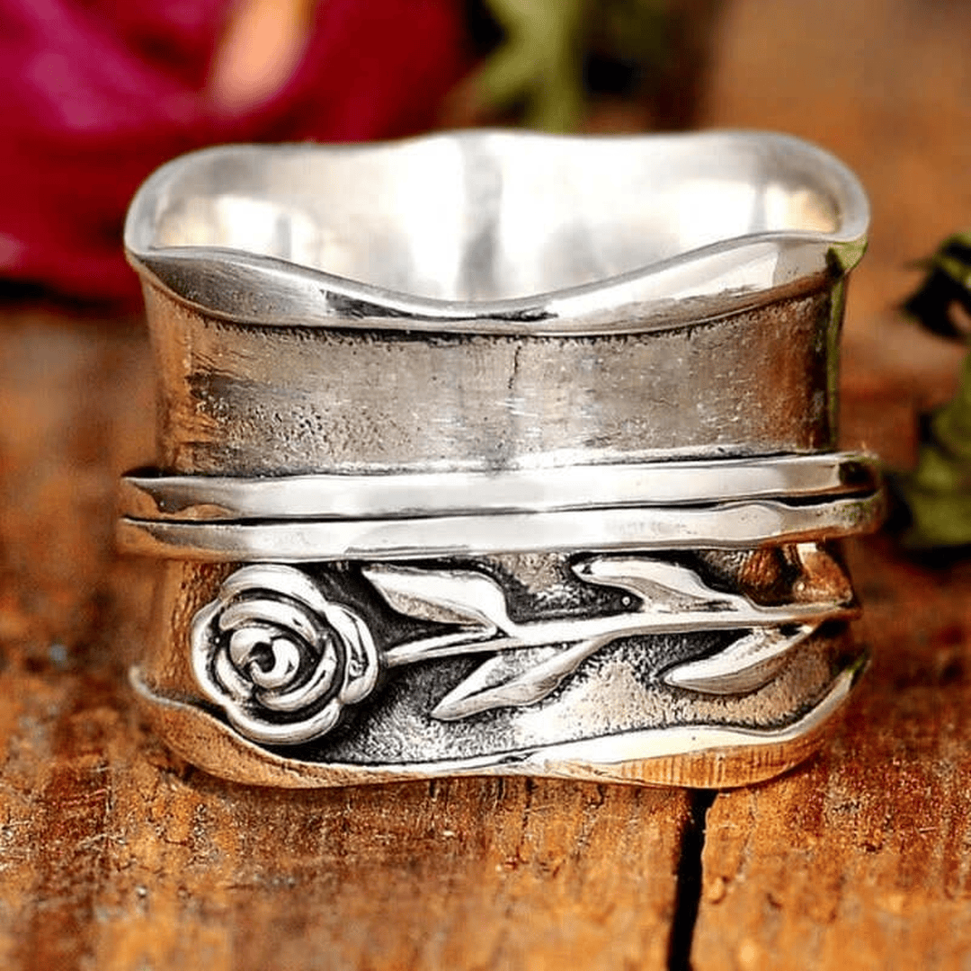 Rose Flower Oxidized Silver Ring with Wide Stacked Band — main image