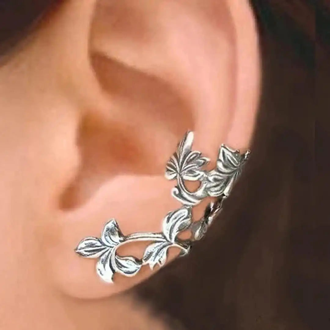 Cascading Leaf Ear Cuff Earrings in Silver Tone — main image