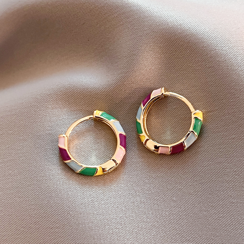 Multicolor Enamel Hoop Earrings with Gold-Tone Color-Block Design — main image