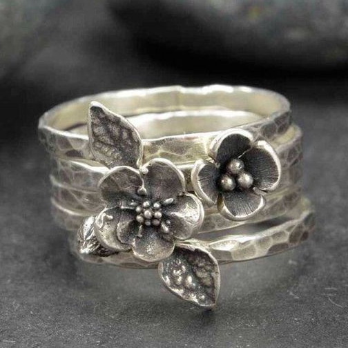 Layered Flower Statement Ring with Oxidized Silver-Tone Finish — main image