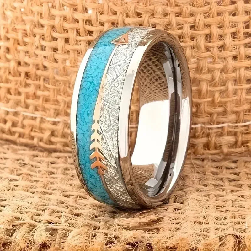 Turquoise & Meteorite Inlay Men's Band Ring with Arrow Accent