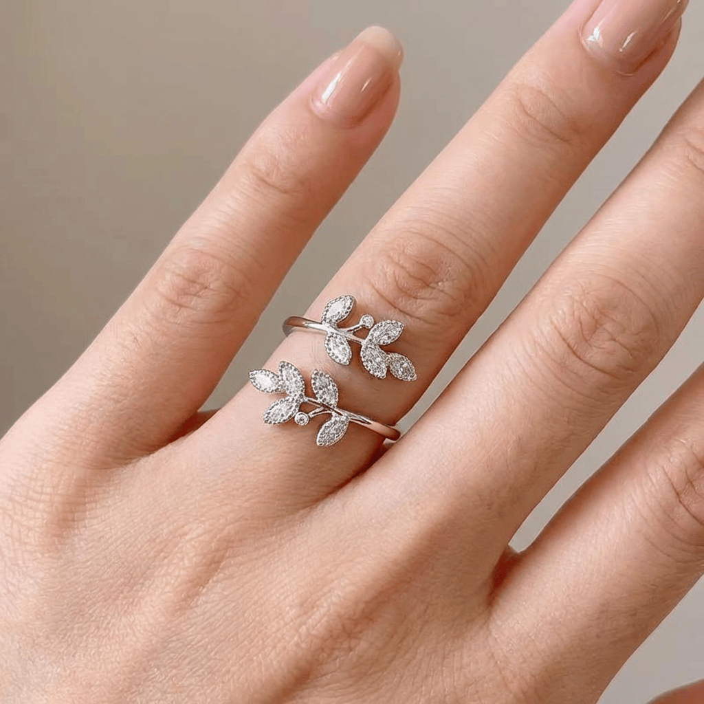 Leaf Branch Wrap Ring with Multicolor Faceted Stones and Beaded Detail