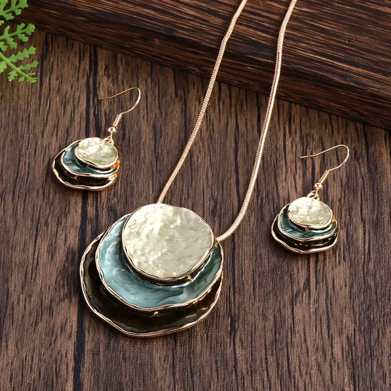 Three-Tone Layered Pendant Necklace and Earring Set with Gold-Tone Accents — main image