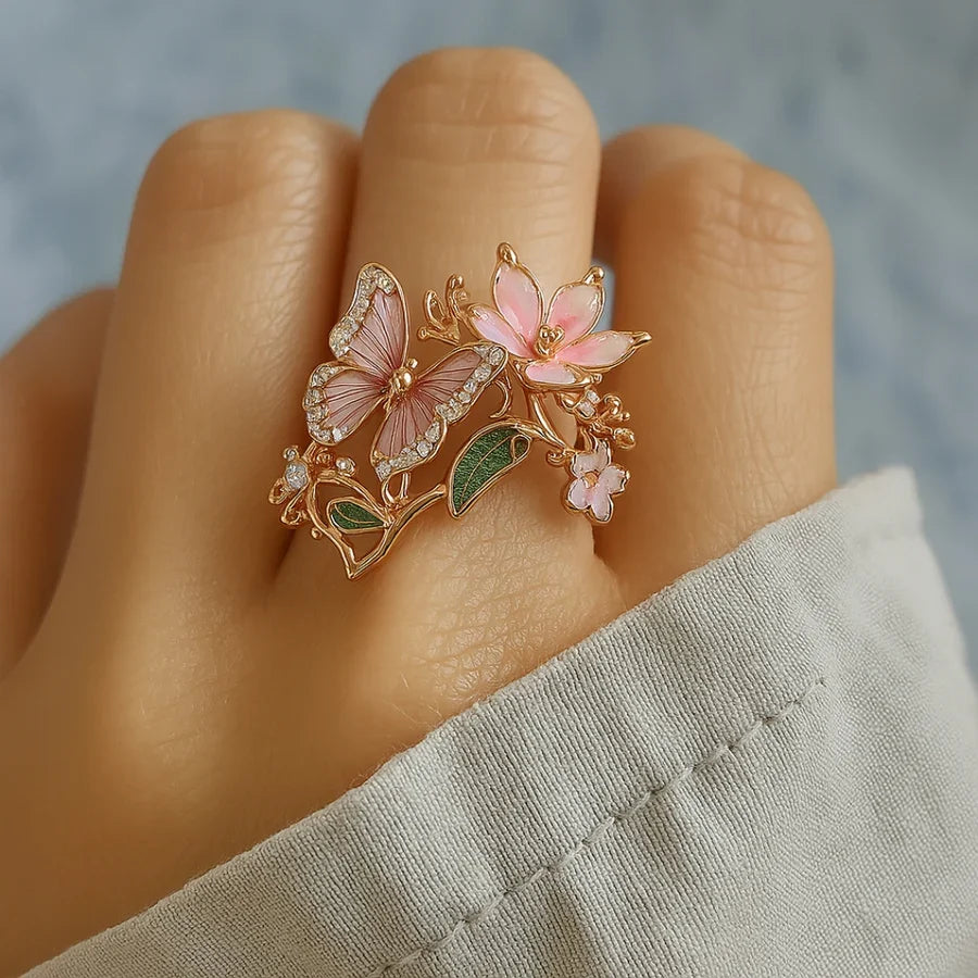 Butterfly Flower Zirconia Ring with Rose Gold-Tone Adjustable Band — view 2