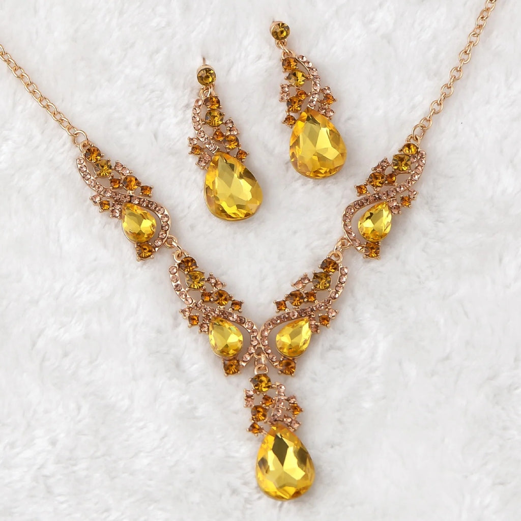 Yellow Teardrop Rhinestone Necklace & Earrings Set with Vine Detail — main image