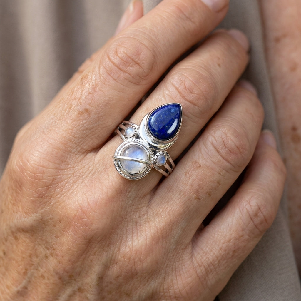 lapis and moonstone saturn celestial and moon ring asr9679 — lifestyle