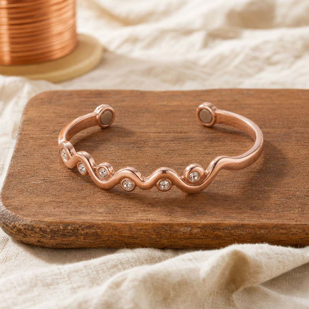 Cuff Bracelet Rose Copper 99.9% Pure Copper Crystal Accents — Wavy Design — main image