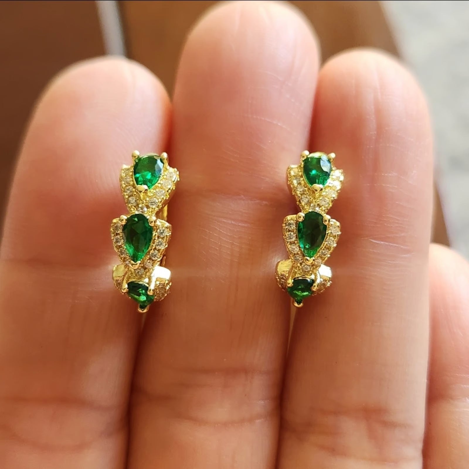 Pear-Shaped Emerald Halo Drop Earrings, Gold-Tone Three-Tier Design