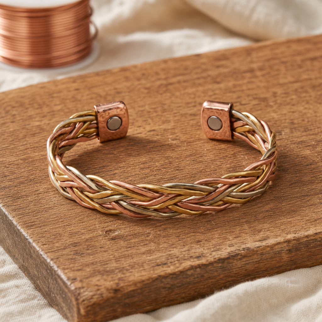 Copper Cuff Bracelet Twisted Design Rose and Yellow Gold Tone Hand-Shaped — Adjustable Open Cuff — main image