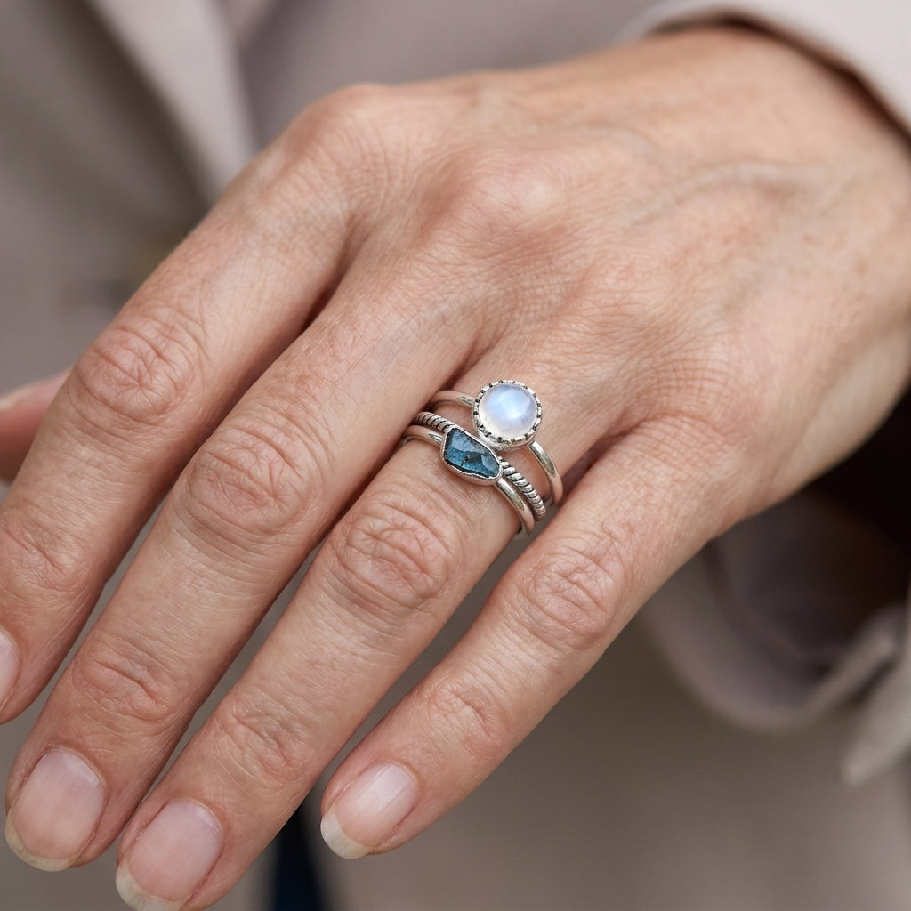 moonstone and aquamarine ring stacking set sterling silver asr9245 — lifestyle